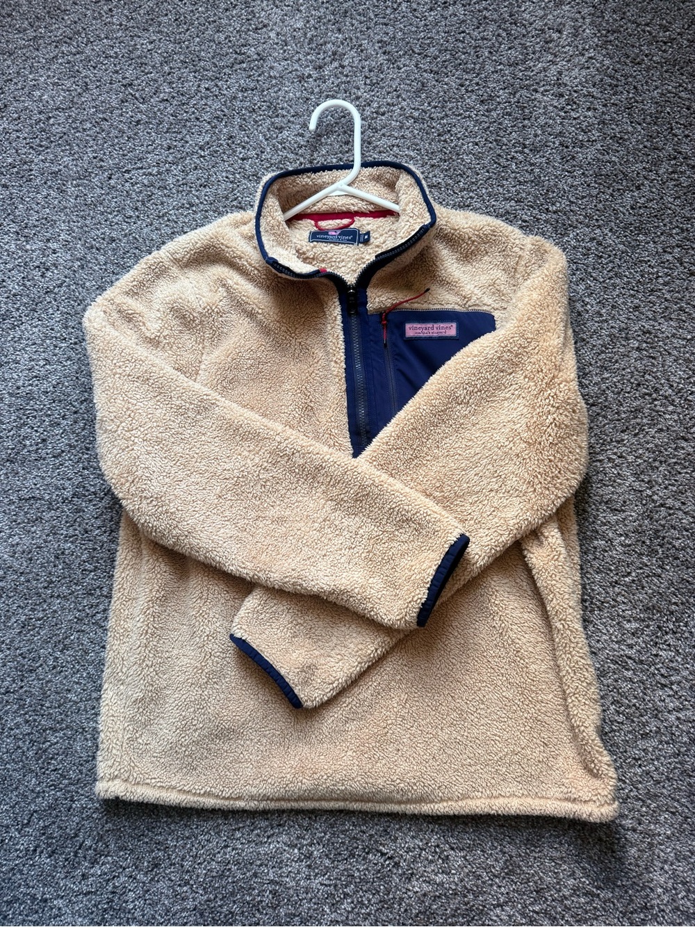 Vineyard Vines Tan Sherpa Pullover with Navy Chest Panel